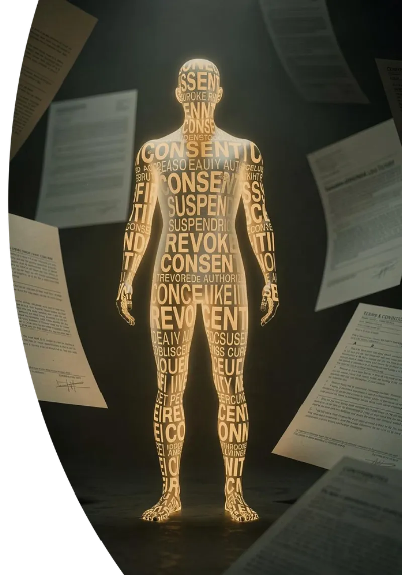 A human figure formed from glowing consent language, standing among falling contract pages.